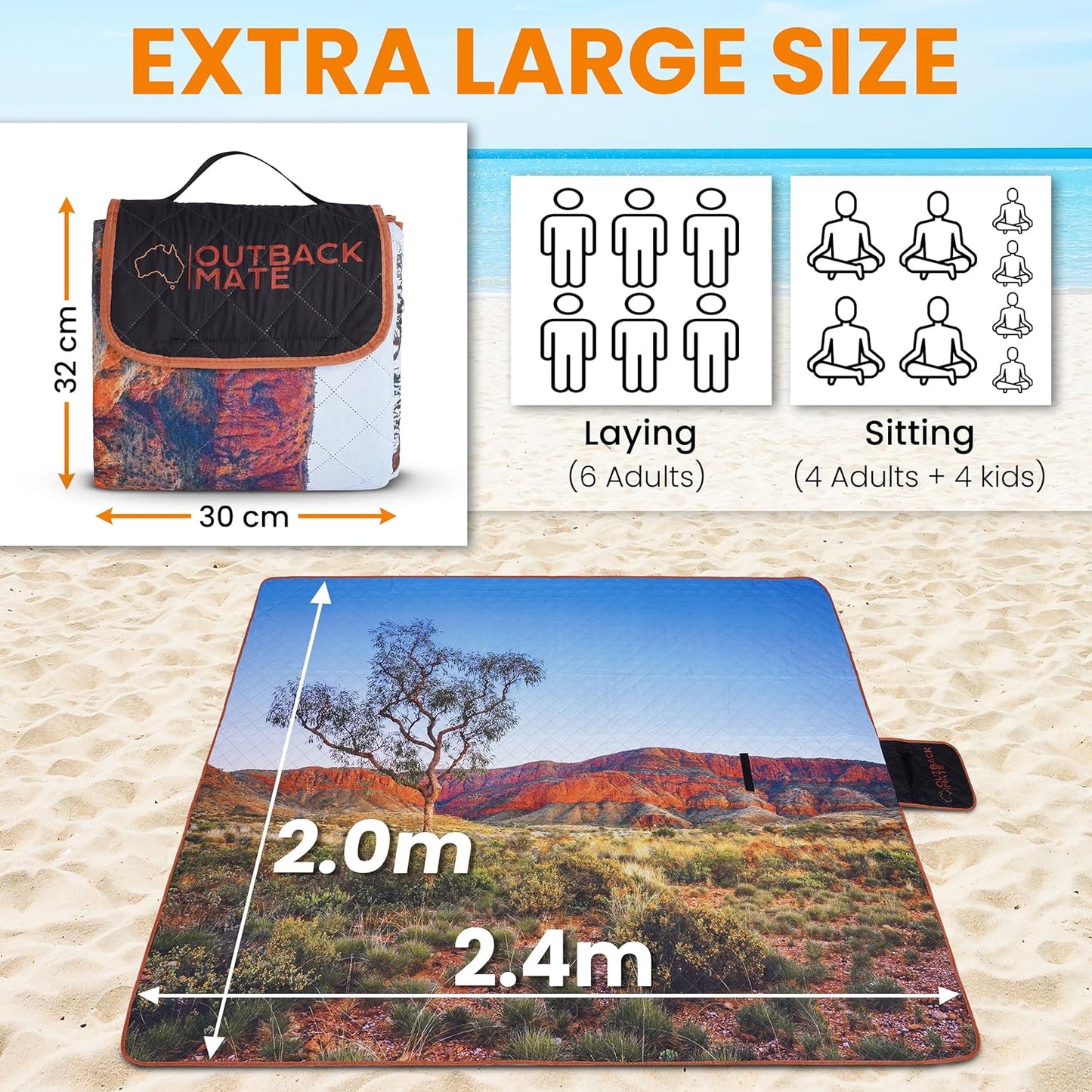 Outback Mate XLarge Family Picnic Rug Waterproof, Machine Washable, Foldable, 3 Layer Comfort. Perfect as Travel Blanket or Outdoor Picnic Mat. Ideal for Families 2.4mx2.0m Unique Australian Print