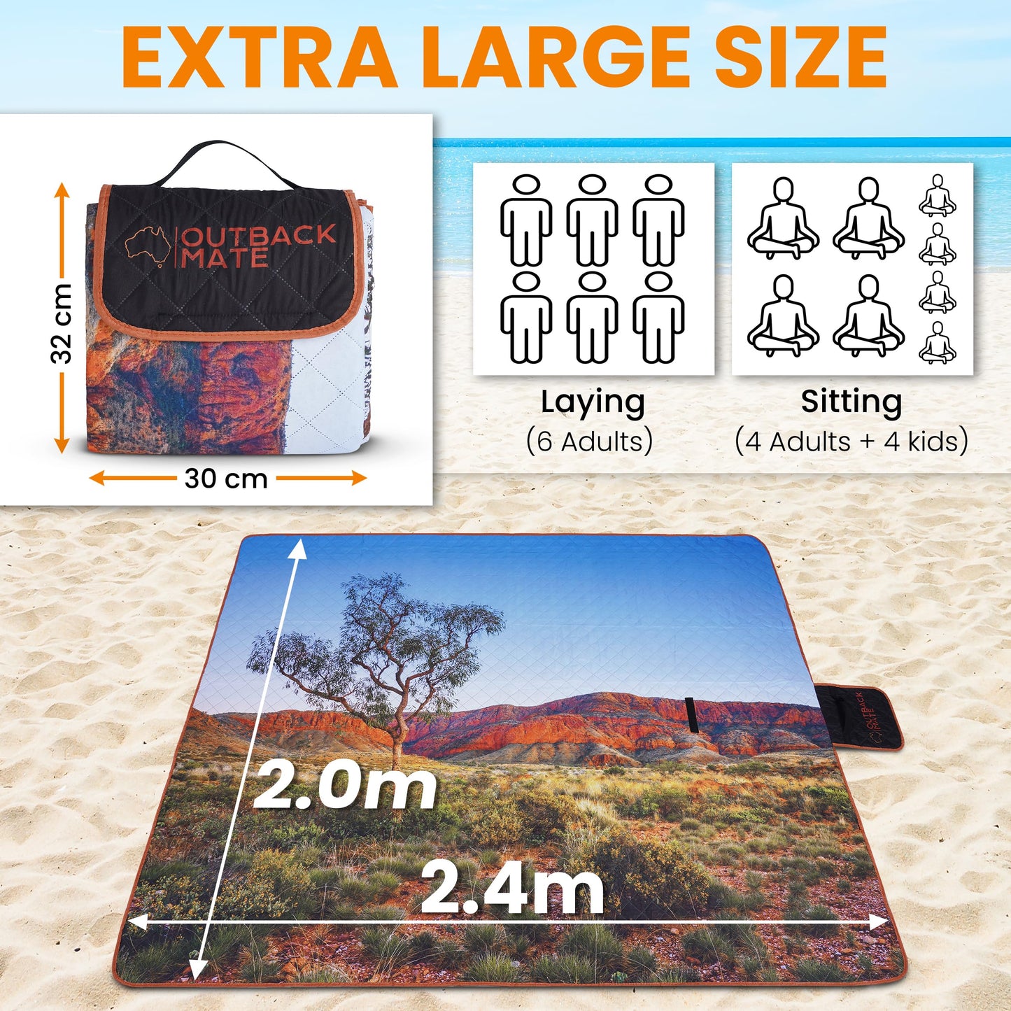 Outback Mate XLarge Family Picnic Rug Waterproof, Machine Washable, Foldable, 3 Layer Comfort. Perfect as Travel Blanket or Outdoor Picnic Mat. Ideal for Families 2.4mx2.0m Unique Australian Print